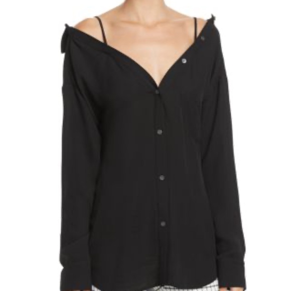 Theory Tamalee black off shoulder silk georgette shirt blouse Size P (Small) - Picture 1 of 10